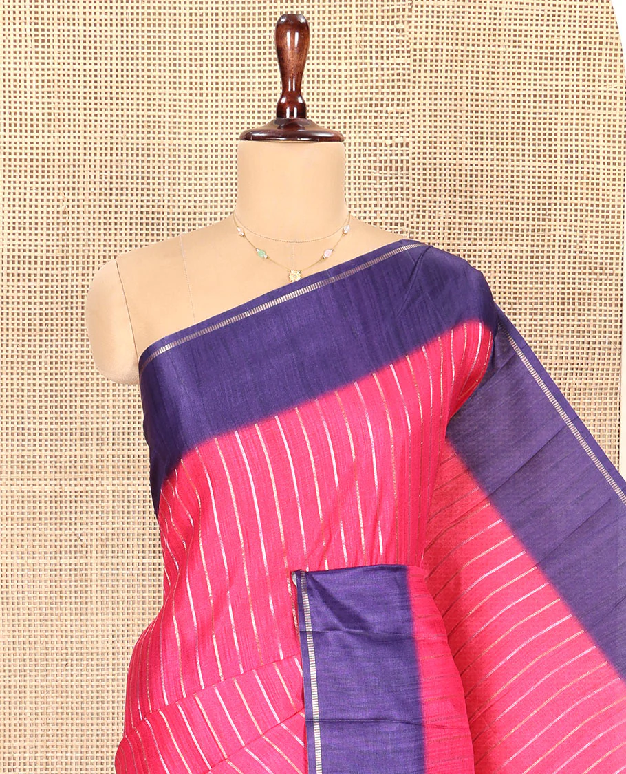 Pink Fancy Tussar Saree, Highlighted by Vertical Zari Stripes Across Its Body, Complemented by Captivating Contrast Geometric Patterned Border, Subtle Pallu and Paired with a Contrast Blouse - Image 4