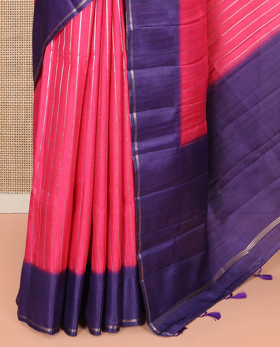 Pink Fancy Tussar Saree, Highlighted by Vertical Zari Stripes Across Its Body, Complemented by Captivating Contrast Geometric Patterned Border, Subtle Pallu and Paired with a Contrast Blouse - Image 5