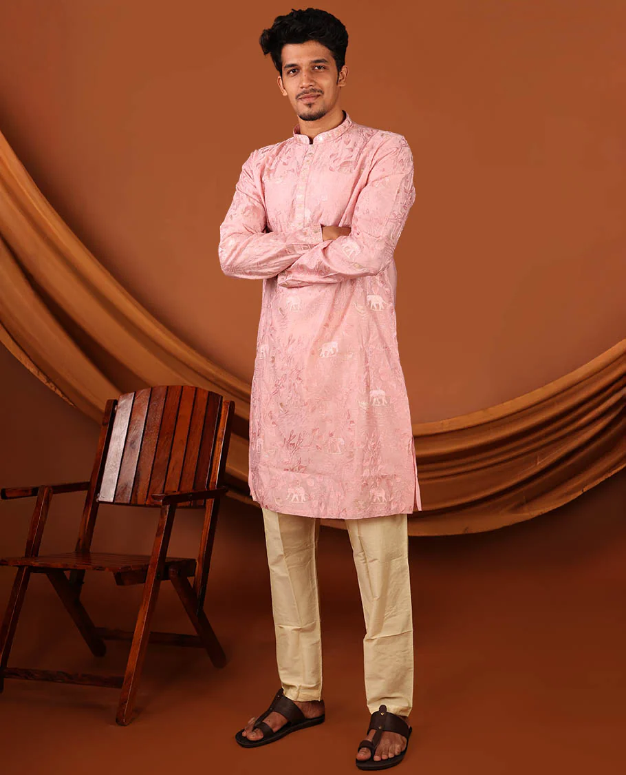 Pink Floral and Fauna Thread Embroidered Full-Sleeved Men's Kurta Comes with Contrast Pants
