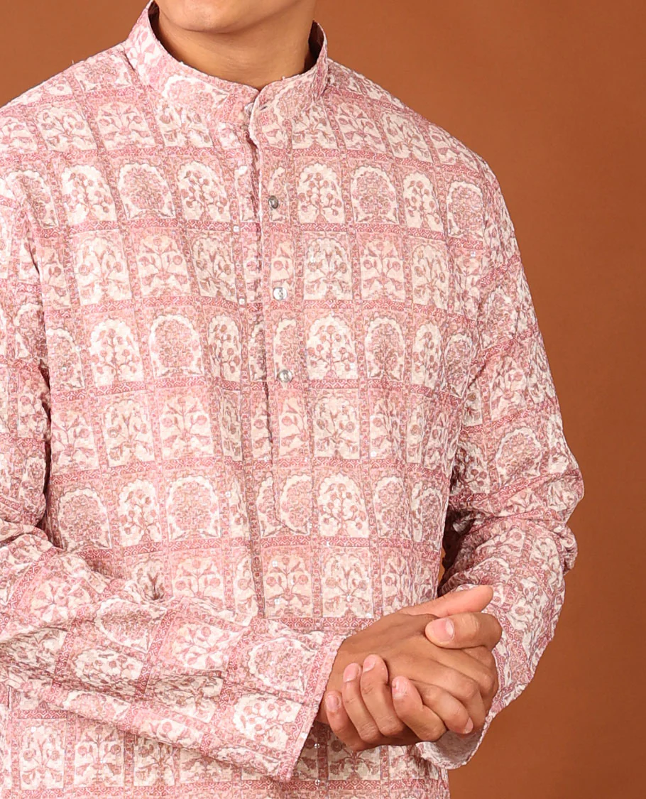 Pink Floral Butta Enclosed Arches Printed Full-Sleeved Men's Kurta - Image 3