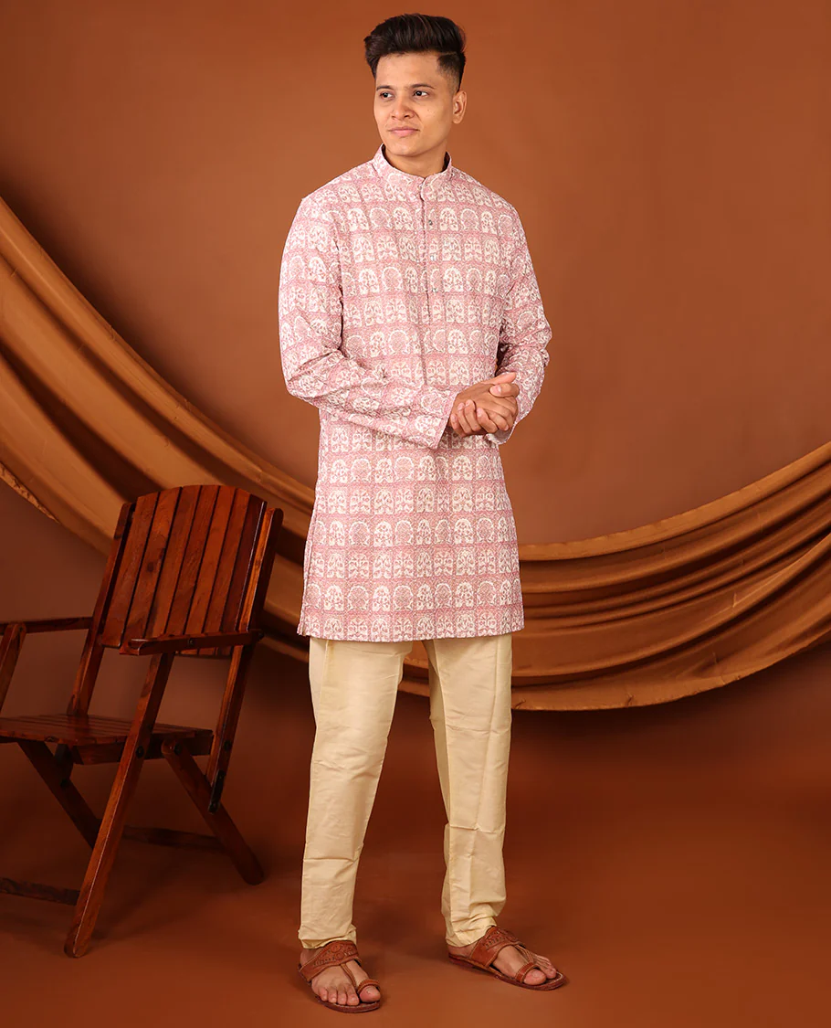 Pink Floral Butta Enclosed Arches Printed Full-Sleeved Men's Kurta - Image 4
