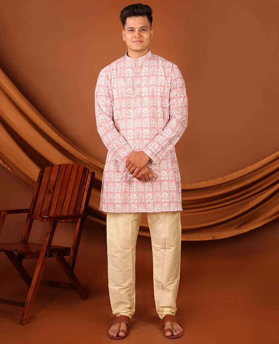 Pink Floral Butta Enclosed Arches Printed Full-Sleeved Men's Kurta - Image 5