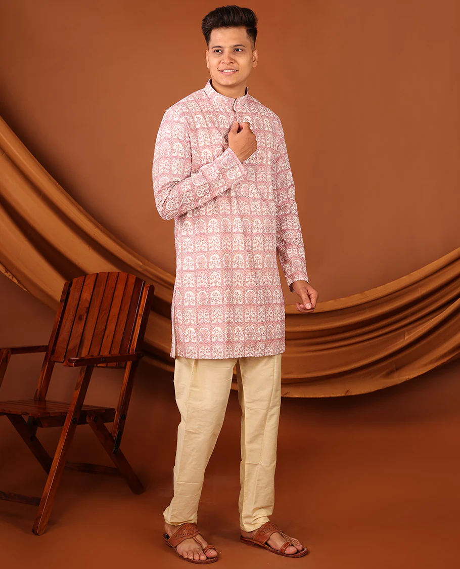 Pink Floral Butta Enclosed Arches Printed Full-Sleeved Men's Kurta - Image 6