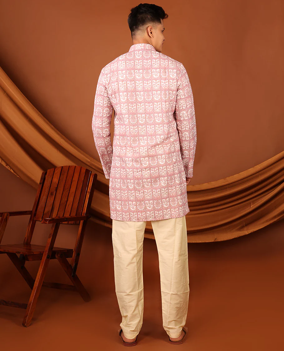 Pink Floral Butta Enclosed Arches Printed Full-Sleeved Men's Kurta - Image 7