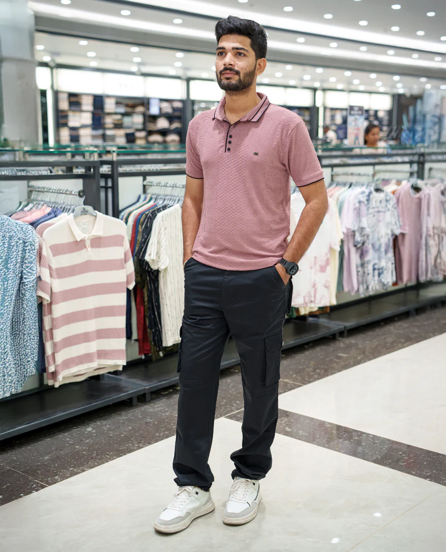 Pink Geometric-Textured Cotton-Blended T-Shirt Comes with Half-Sleeves, Polo Collar, a Slim Fit, and Regular Length - Image 2