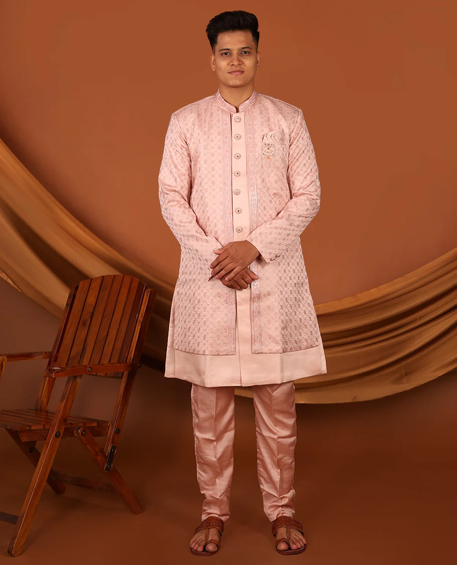 Pink Geometric-Themed Sequins Embroidered Full-Sleeved Men's Kurta Comes with Matching Pants