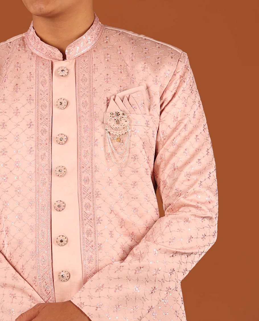 Pink Geometric-Themed Sequins Embroidered Full-Sleeved Men's Kurta Comes with Matching Pants - Image 2