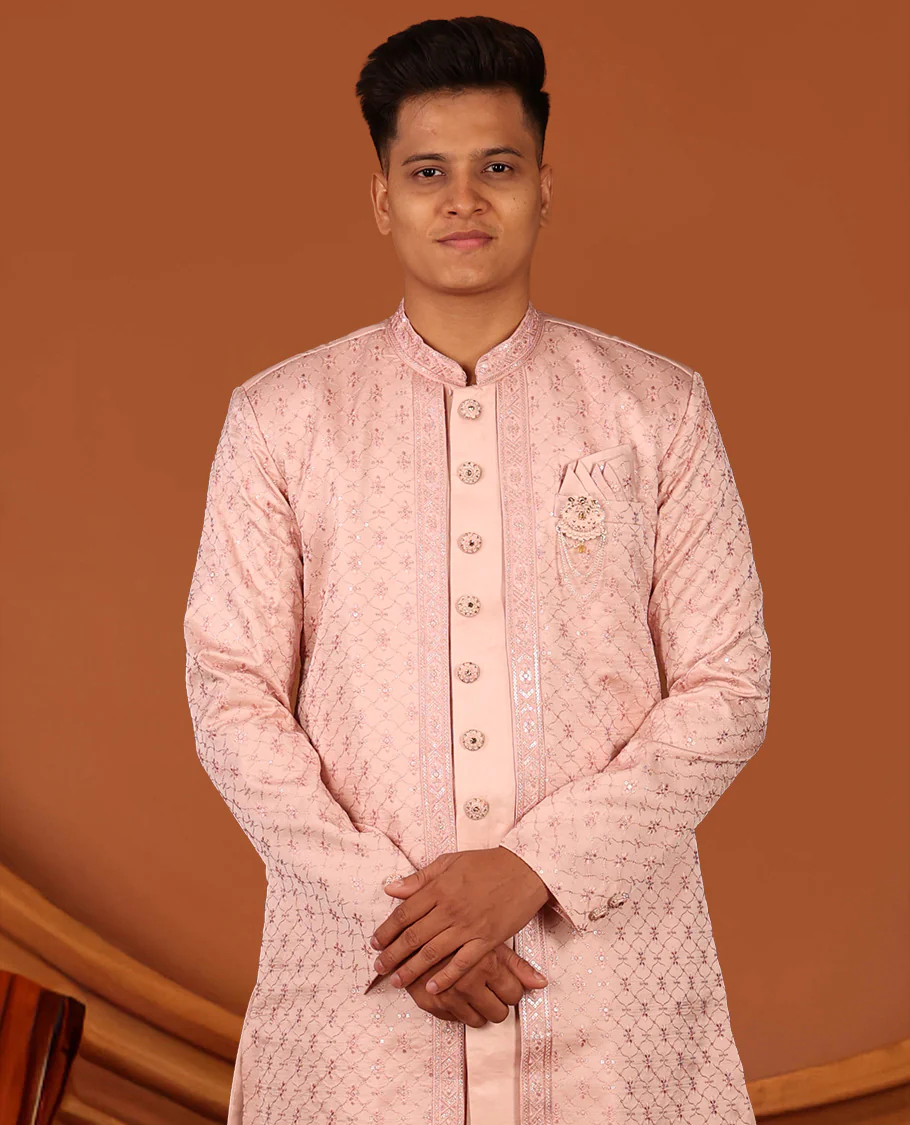 Pink Geometric-Themed Sequins Embroidered Full-Sleeved Men's Kurta Comes with Matching Pants - Image 3
