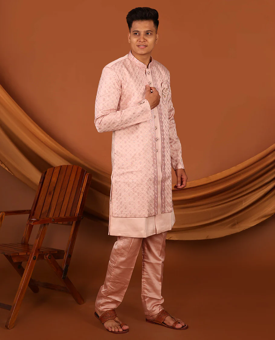 Pink Geometric-Themed Sequins Embroidered Full-Sleeved Men's Kurta Comes with Matching Pants - Image 4