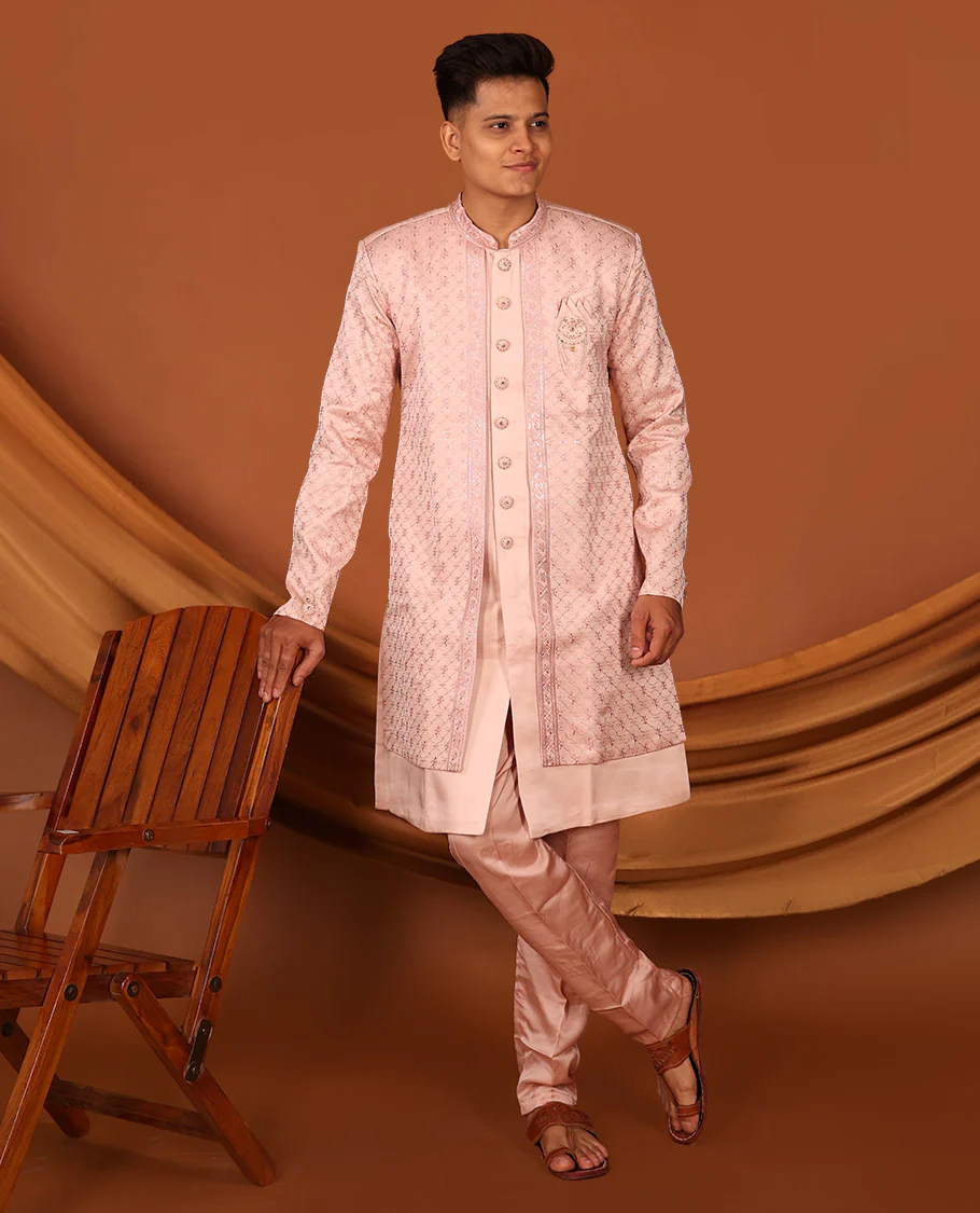 Pink Geometric-Themed Sequins Embroidered Full-Sleeved Men's Kurta Comes with Matching Pants - Image 5