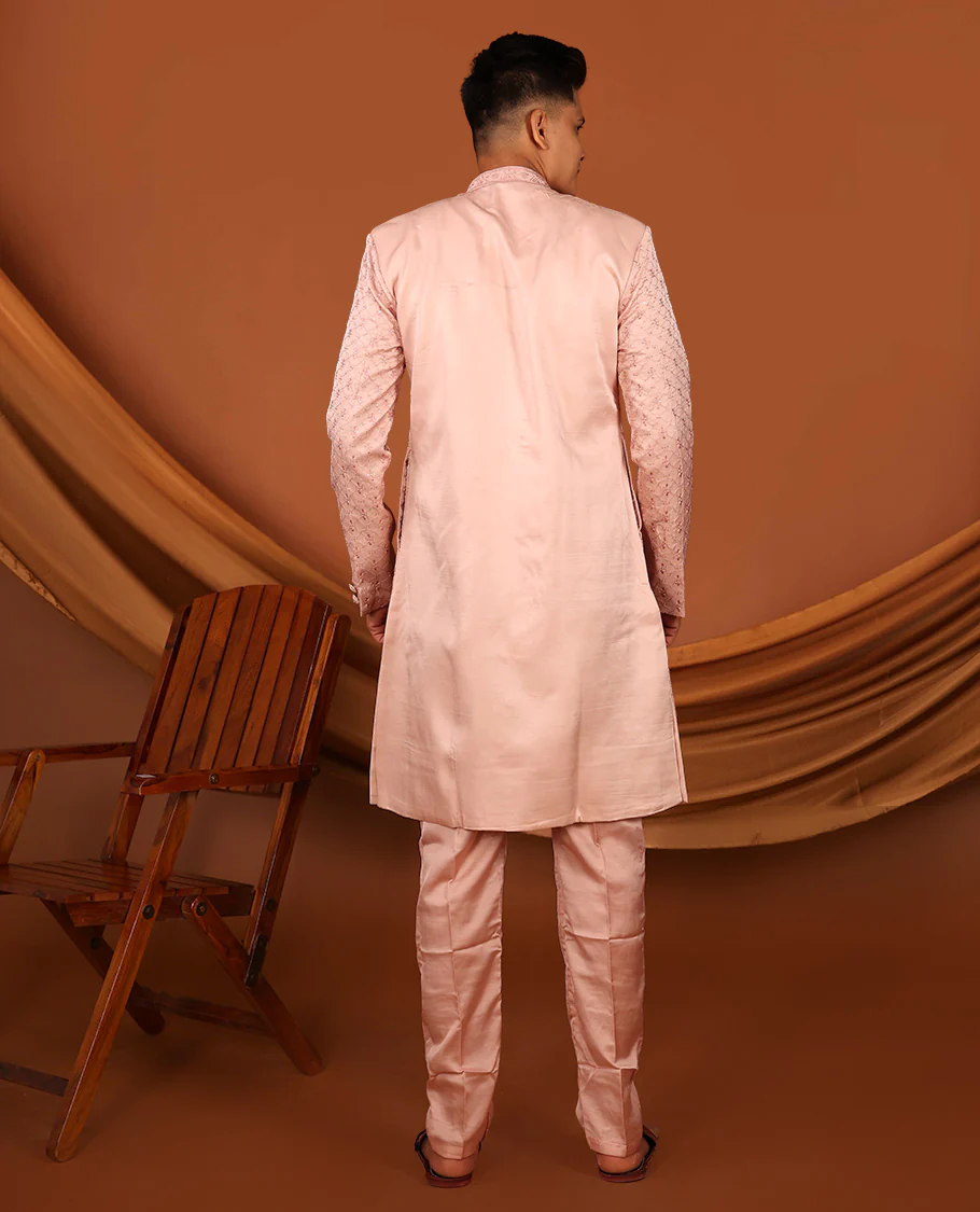 Pink Geometric-Themed Sequins Embroidered Full-Sleeved Men's Kurta Comes with Matching Pants - Image 6