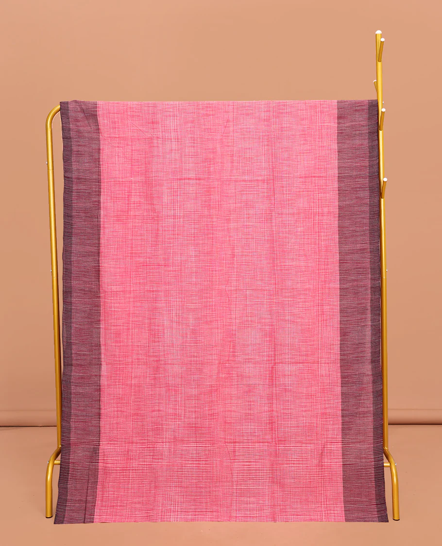 Pink Heathered Textured Mangalgiri Cotton Saree, Complemented by Contrast Border, Striped Pallu, and Paired with a Contrast Blouse