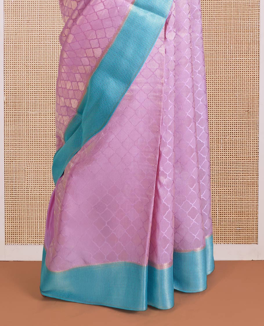 Pink jaal jacquard Mysore silk saree, contrast zari border, and pallu of chevron designs - Image 4