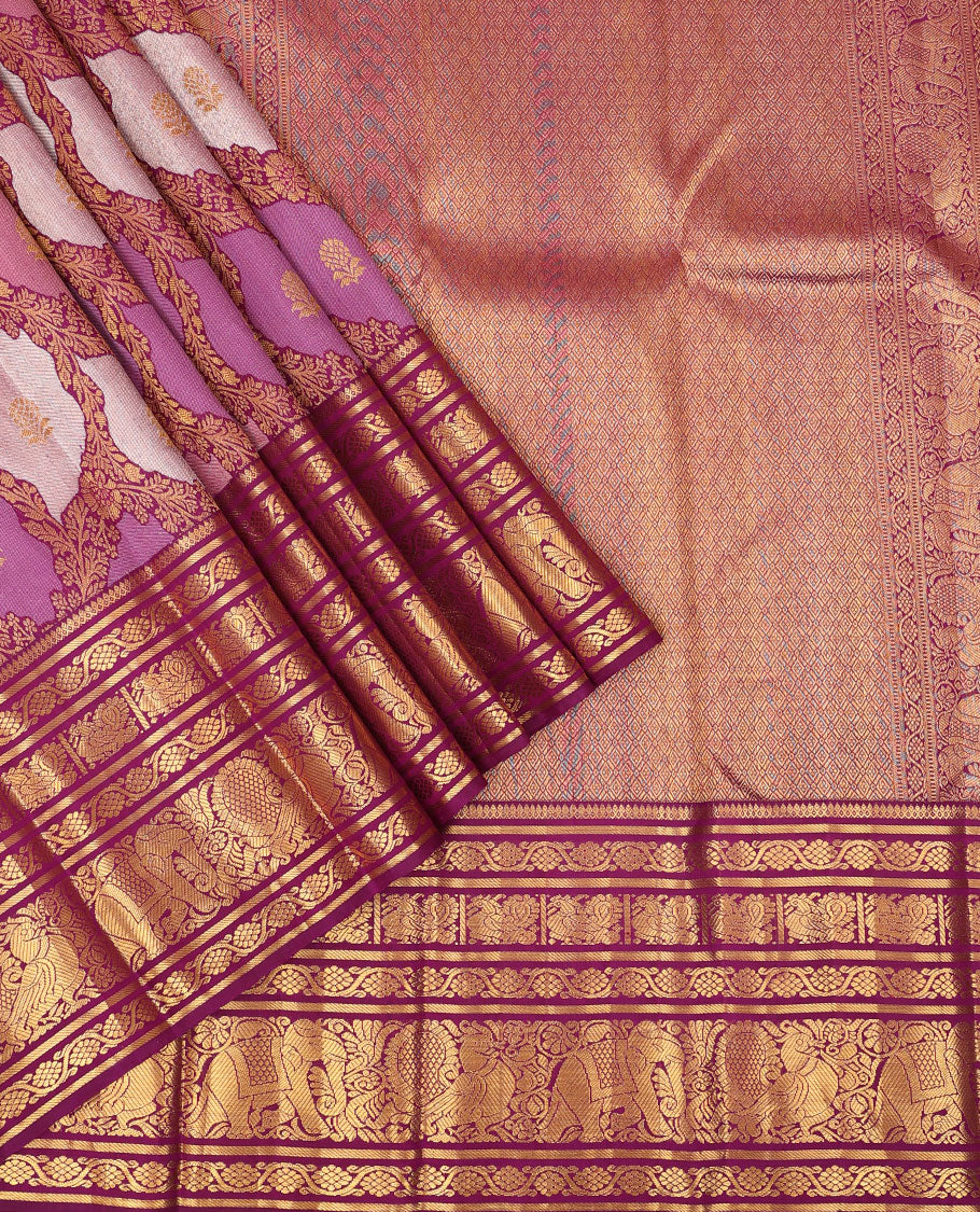 Multi-color rangkat-style jaal jacquard Samudrika silk saree, contrast border of thilakam mokku,kodi visiry,banaras,mayil & yaanai & jaal pallu - Image 2