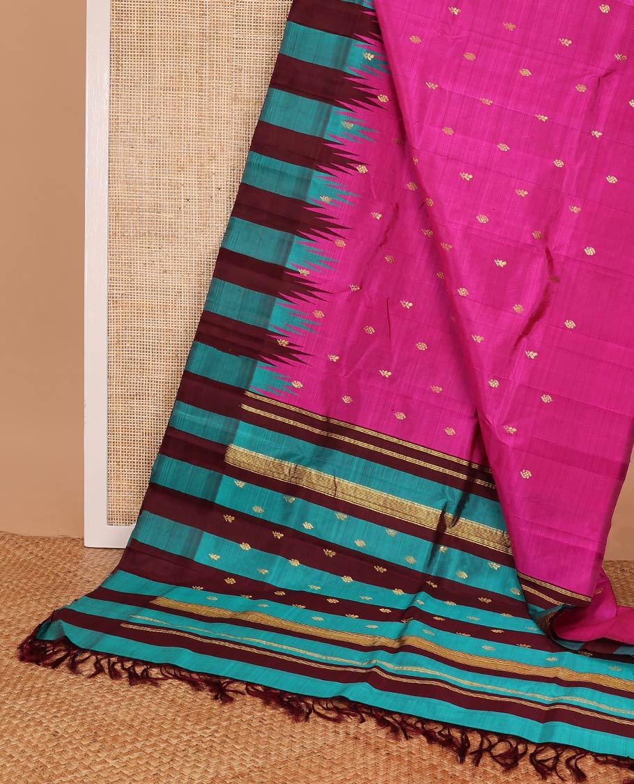 Pink kancheepuram silk saree with zari buttas, contrast one-sided thazhampoo reku border & zari design pallu - Image 3
