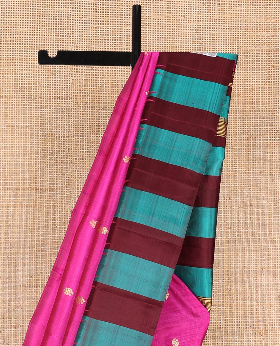 Pink kancheepuram silk saree with zari buttas, contrast one-sided thazhampoo reku border & zari design pallu - Image 4