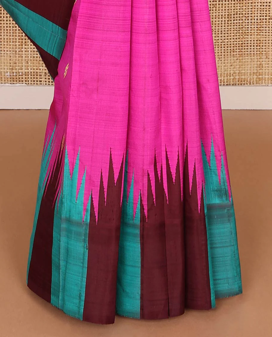 Pink kancheepuram silk saree with zari buttas, contrast one-sided thazhampoo reku border & zari design pallu - Image 5