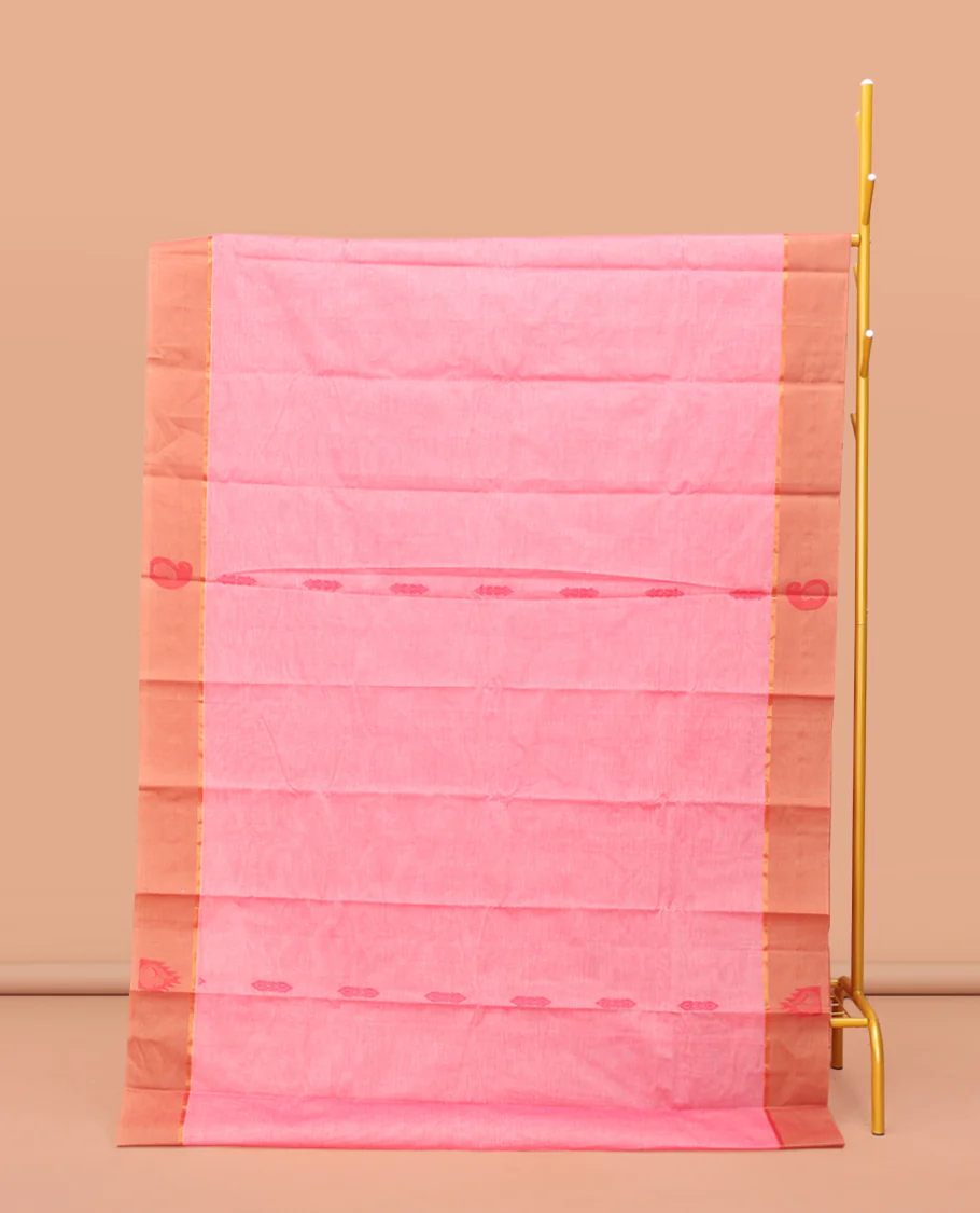 Pink Kanchi Cotton Saree, Adorned with Buttas, Contrast Paisley and Temple Design Border, Pallu of Floral and Peacock Design, and a Matching Blouse