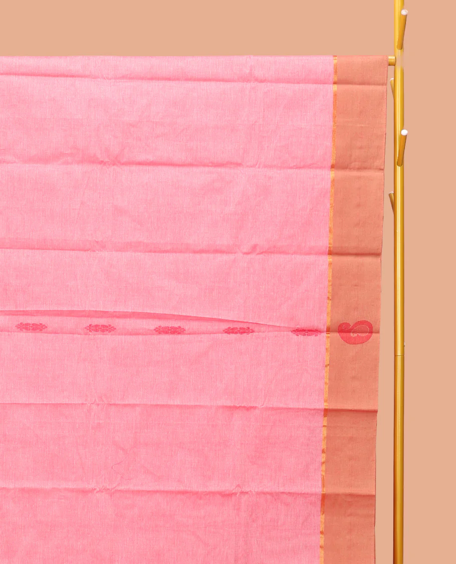 Pink Kanchi Cotton Saree, Adorned with Buttas, Contrast Paisley and Temple Design Border, Pallu of Floral and Peacock Design, and a Matching Blouse - Image 2