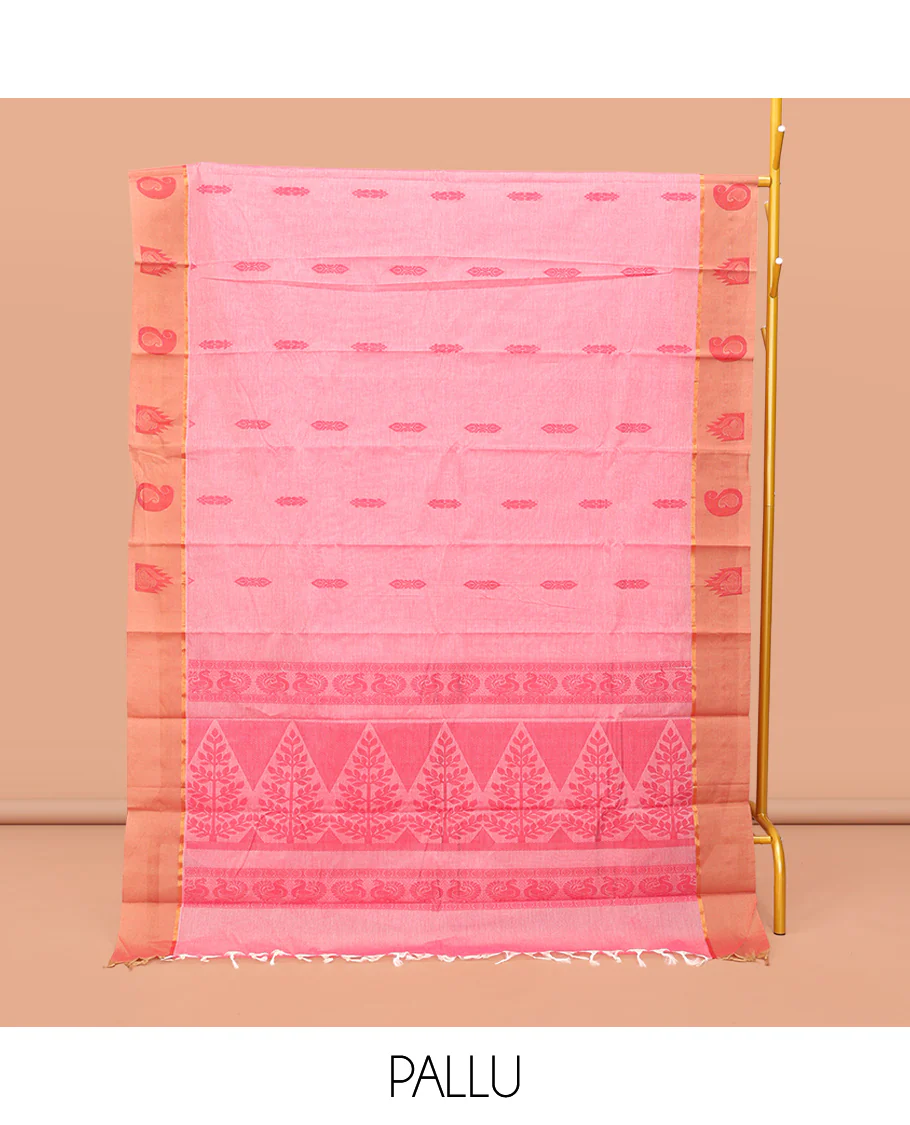 Pink Kanchi Cotton Saree, Adorned with Buttas, Contrast Paisley and Temple Design Border, Pallu of Floral and Peacock Design, and a Matching Blouse - Image 3