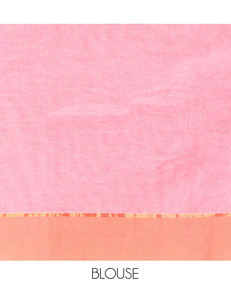 Pink Kanchi Cotton Saree, Adorned with Buttas, Contrast Paisley and Temple Design Border, Pallu of Floral and Peacock Design, and a Matching Blouse - Image 4
