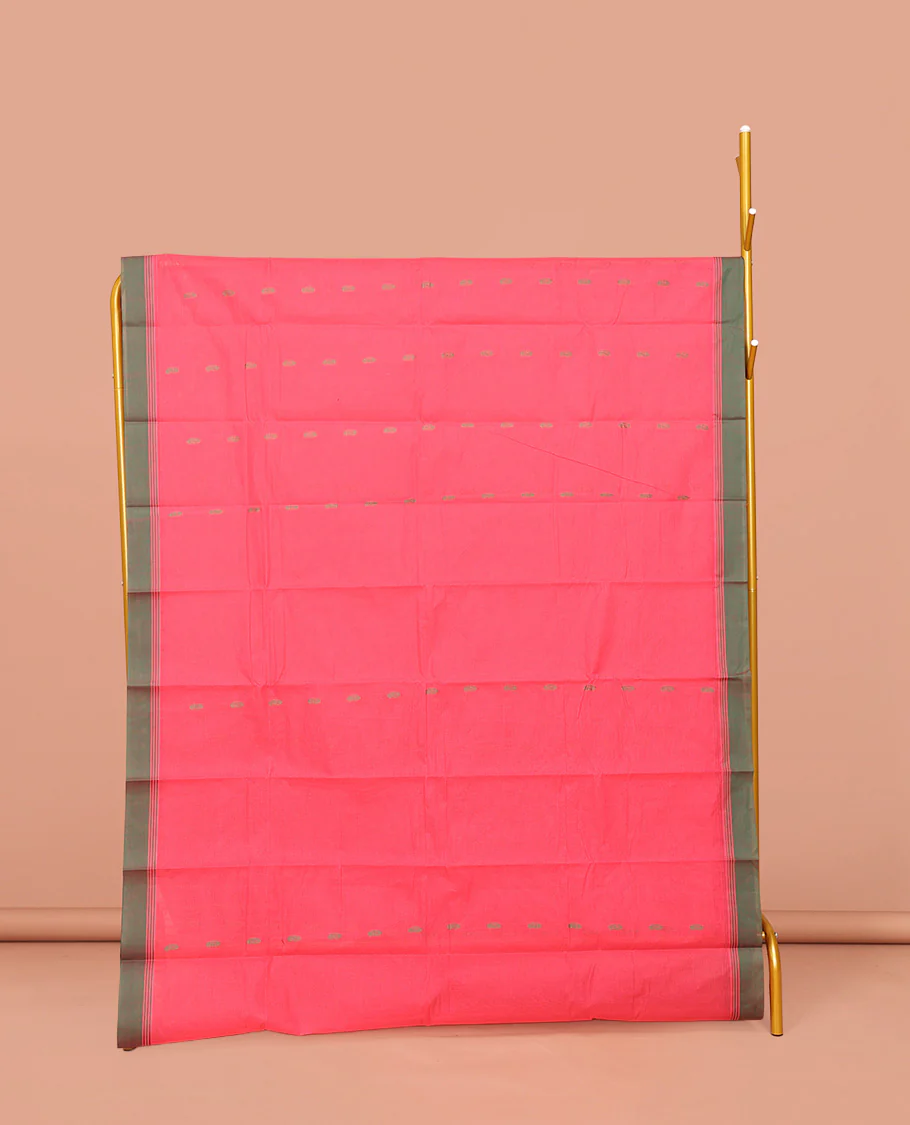 Pink Kanchi Cotton Saree, Delicately Decked Up with Buttas on Its Body, Complemented by Contrast Border, Sparsely Woven Pallu, and Paired with a Matching Blouse
