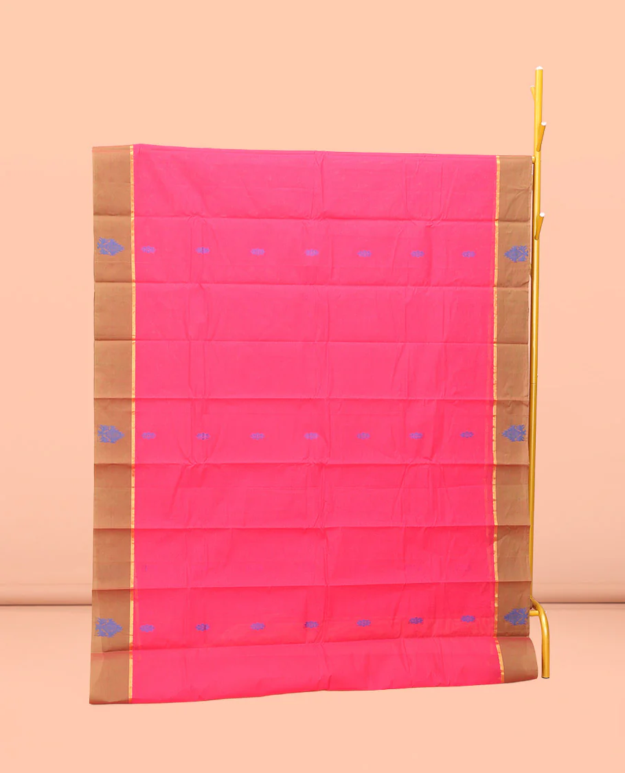 Pink Kanchi Cotton Saree, Detailed with Buttas All Over Its Body, Complemented by Contrast Border, Intricately Thread-Designed Pallu, and Paired with a Matching Blouse