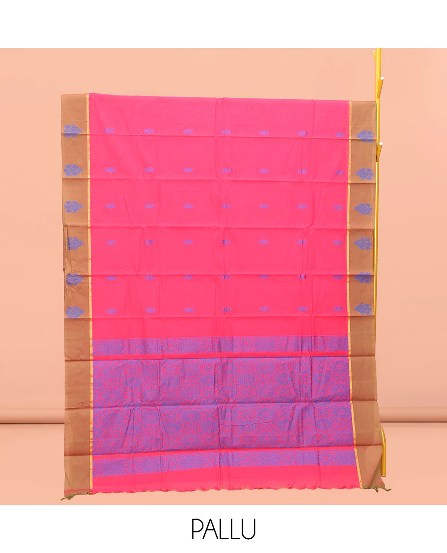 Pink Kanchi Cotton Saree, Detailed with Buttas All Over Its Body, Complemented by Contrast Border, Intricately Thread-Designed Pallu, and Paired with a Matching Blouse - Image 3