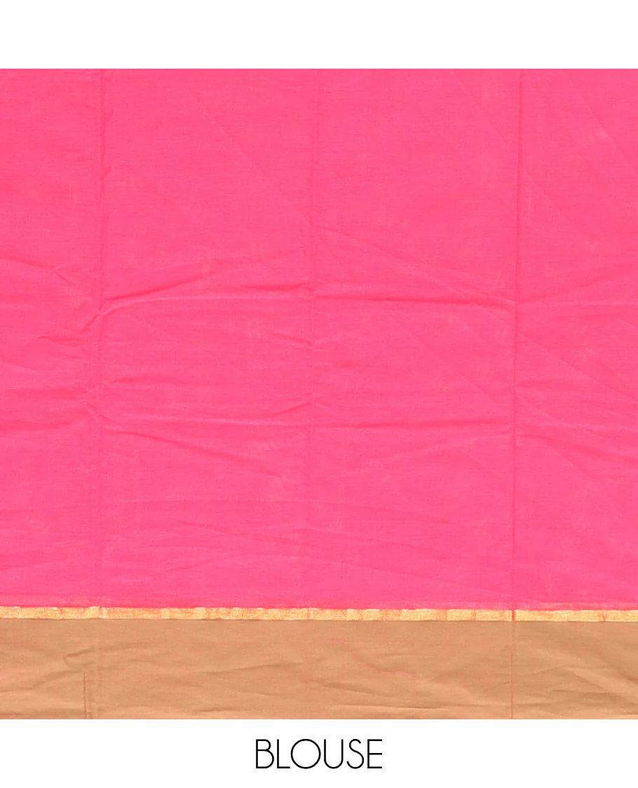 Pink Kanchi Cotton Saree, Detailed with Buttas All Over Its Body, Complemented by Contrast Border, Intricately Thread-Designed Pallu, and Paired with a Matching Blouse - Image 4