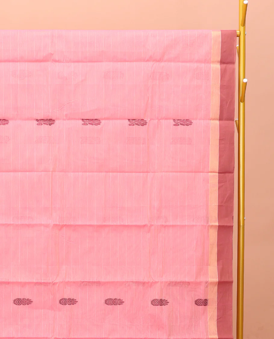 Pink Kanchi Cotton Saree, Featuring Buttas and Stripes on Its Body, Contrast Border, Pallu of Floral Design, and a Matching Blouse - Image 2