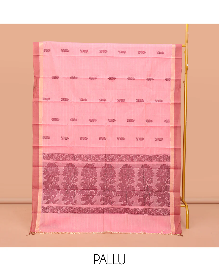 Pink Kanchi Cotton Saree, Featuring Buttas and Stripes on Its Body, Contrast Border, Pallu of Floral Design, and a Matching Blouse - Image 3