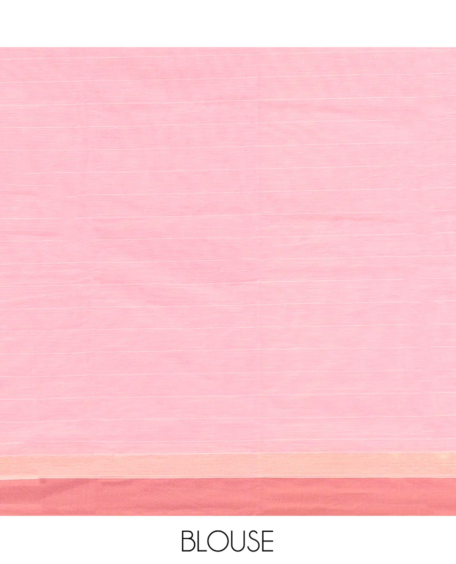 Pink Kanchi Cotton Saree, Featuring Buttas and Stripes on Its Body, Contrast Border, Pallu of Floral Design, and a Matching Blouse - Image 4