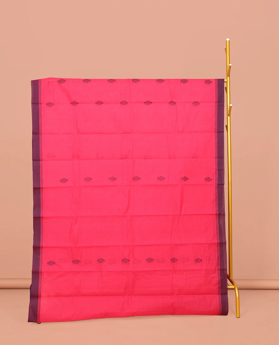 Pink Kanchi Cotton Saree, Sparsely Designed with Buttas on Its Body, Complemented by Contrast Border, a Pallu of Intricate Designs, and Paired with a Matching Blouse