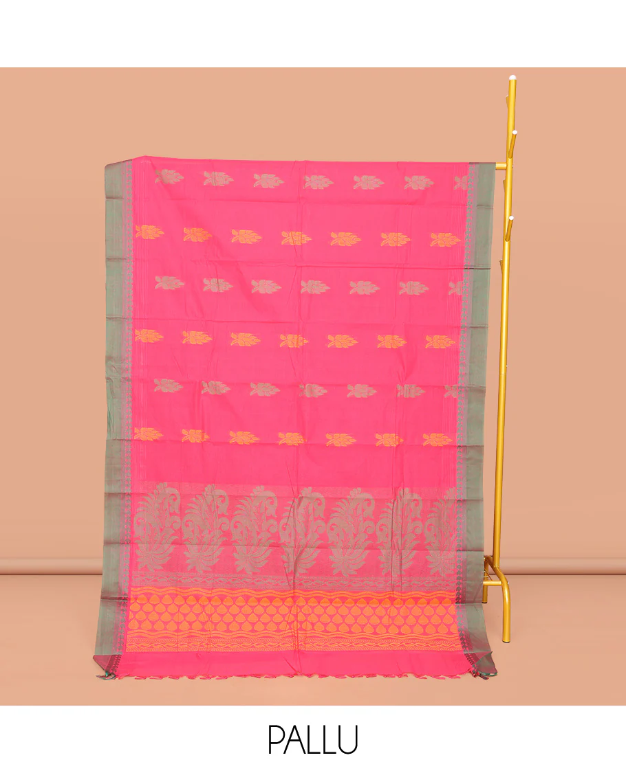 Pink Kanchi Cotton Saree, Woven with Buttas All Over Its Body, Complemented by Contrast Border, Pallu of Paisleys and Geometric Designs, and Paired with a Matching Blouse - Image 2