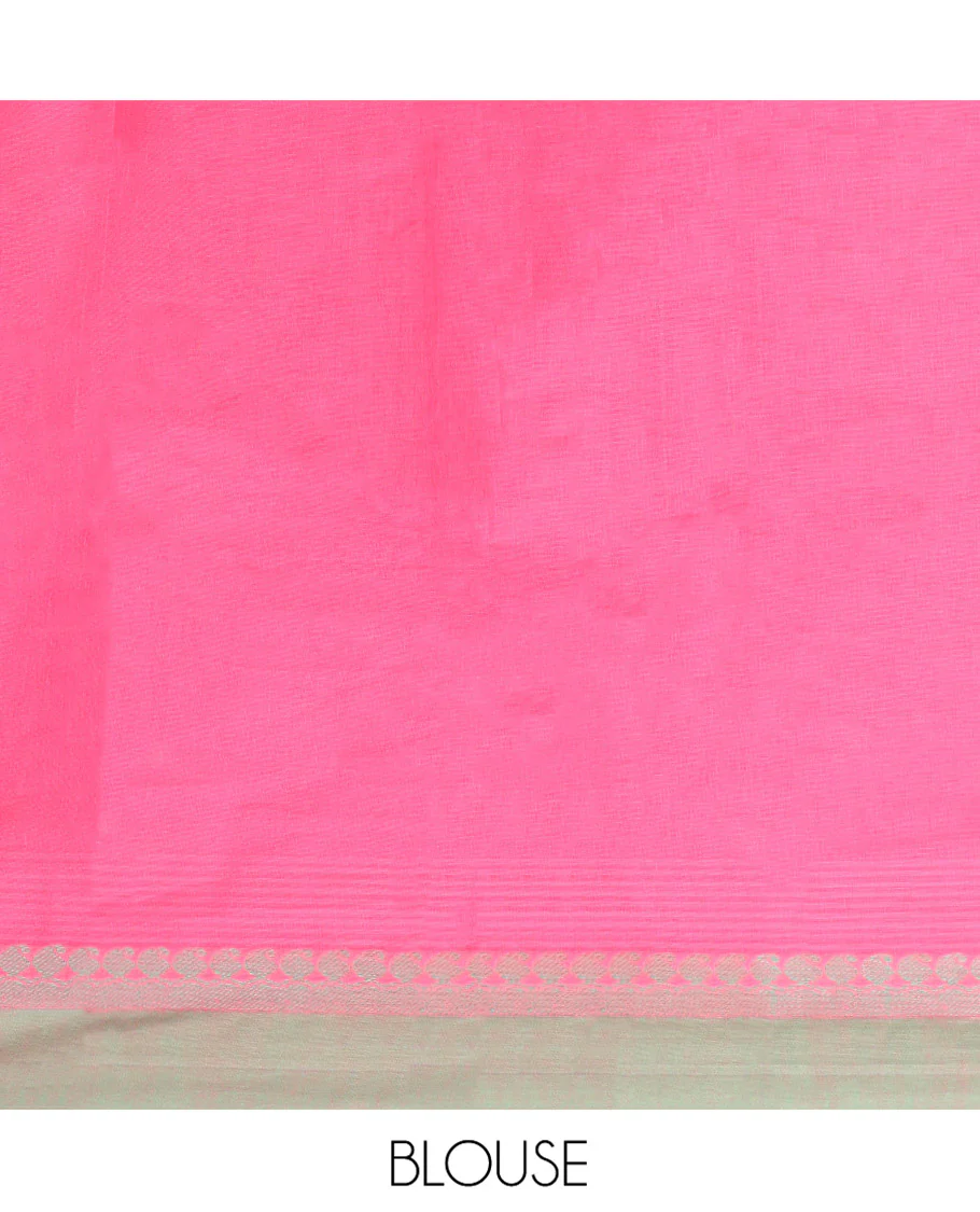 Pink Kanchi Cotton Saree, Woven with Buttas All Over Its Body, Complemented by Contrast Border, Pallu of Paisleys and Geometric Designs, and Paired with a Matching Blouse - Image 3
