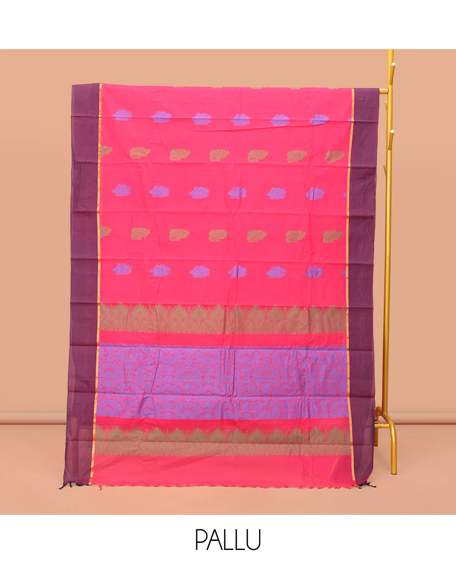 Pink Kanchi Cotton Saree, Woven with Buttas on Its Body, Complemented by Contrast Border, Pallu of Intricate Design, and a Matching Blouse - Image 3