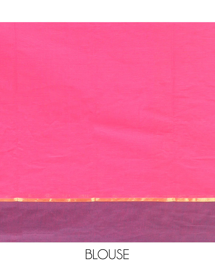 Pink Kanchi Cotton Saree, Woven with Buttas on Its Body, Complemented by Contrast Border, Pallu of Intricate Design, and a Matching Blouse - Image 4