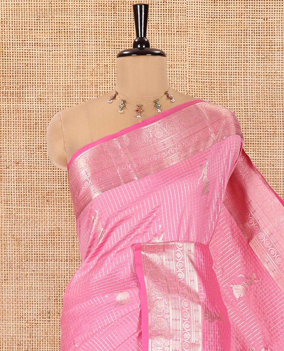 Pink Kanchi Silk Saree, Beautifully Bedecked with Zari Buttas and Zari Checks on Its Body, Highlighted by a Traditional Zari Design Border, Intricately Designed Pallu, and Paired with a Matching Blouse - Image 2