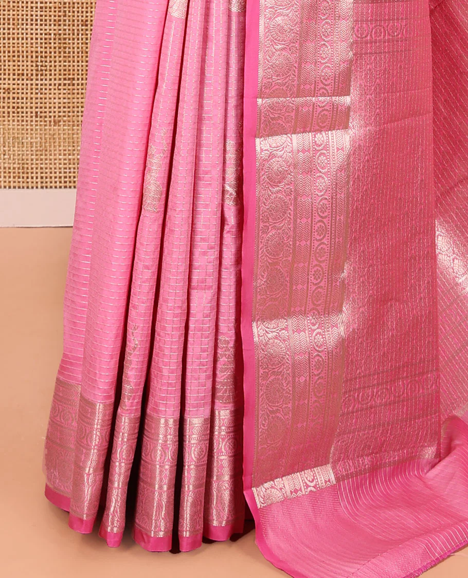 Pink Kanchi Silk Saree, Beautifully Bedecked with Zari Buttas and Zari Checks on Its Body, Highlighted by a Traditional Zari Design Border, Intricately Designed Pallu, and Paired with a Matching Blouse - Image 3