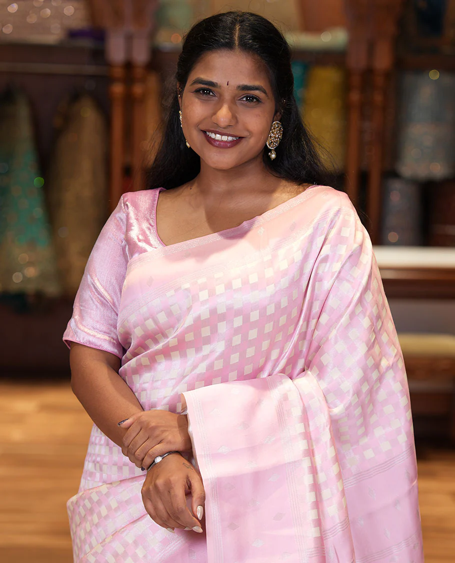 Pink Kanchi Silk Saree, Embellished with Checked Design on Its Body, Highlighted by a Self-Border of Diamond Patterns, Pallu Steeped with Buttas, and Paired with a Matching Blouse - Image 2