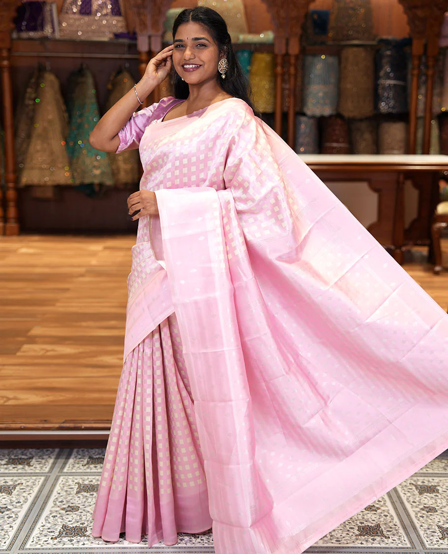 Pink Kanchi Silk Saree, Embellished with Checked Design on Its Body, Highlighted by a Self-Border of Diamond Patterns, Pallu Steeped with Buttas, and Paired with a Matching Blouse - Image 4