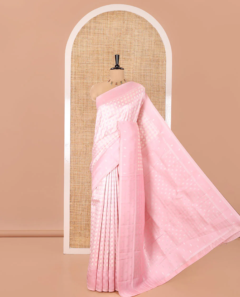 Pink Kanchi Silk Saree, Embellished with Checked Design on Its Body, Highlighted by a Self-Border of Diamond Patterns, Pallu Steeped with Buttas, and Paired with a Matching Blouse - Image 5