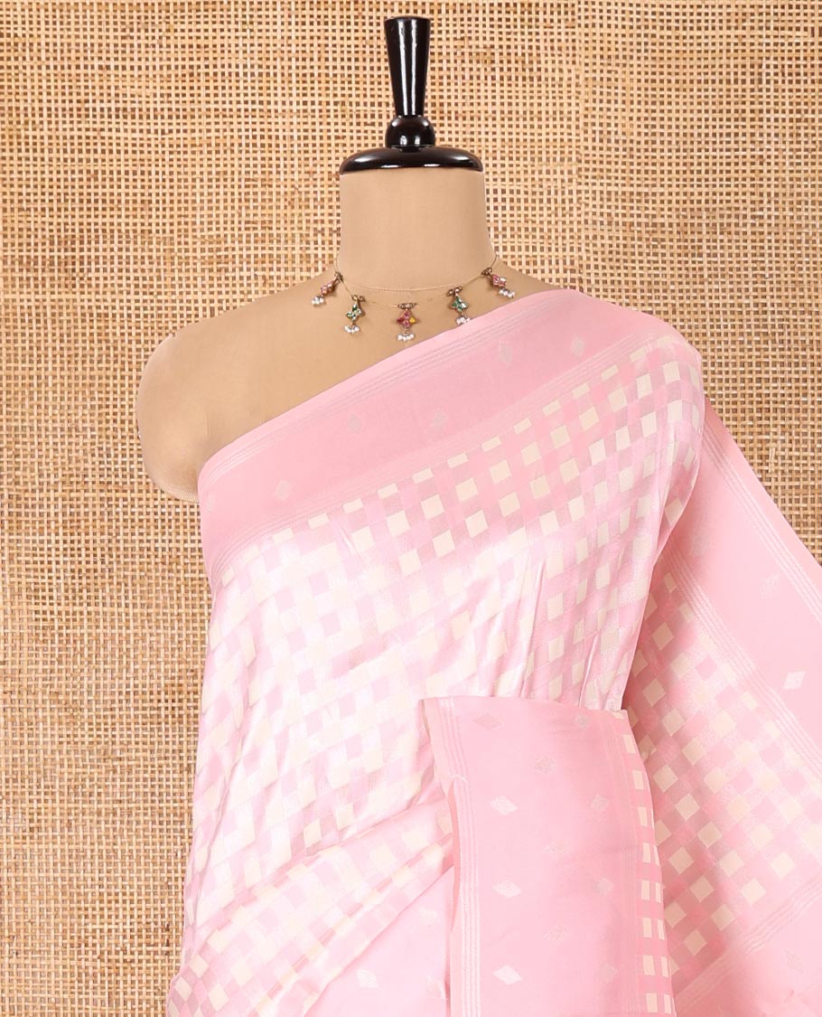 Pink Kanchi Silk Saree, Embellished with Checked Design on Its Body, Highlighted by a Self-Border of Diamond Patterns, Pallu Steeped with Buttas, and Paired with a Matching Blouse - Image 6