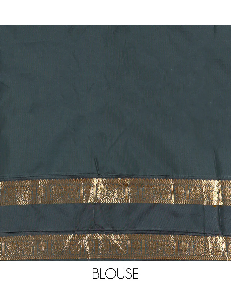 Pink Kanchipuram Budget Silk Saree, Elevated with Temple Zari Buttas All Over Its Body, Complemented by a Contrast Traditional Zari Design Rettai Pettu Border, Opulently Embellished Pallu, and Paired with a Contrast Blouse - Image 4
