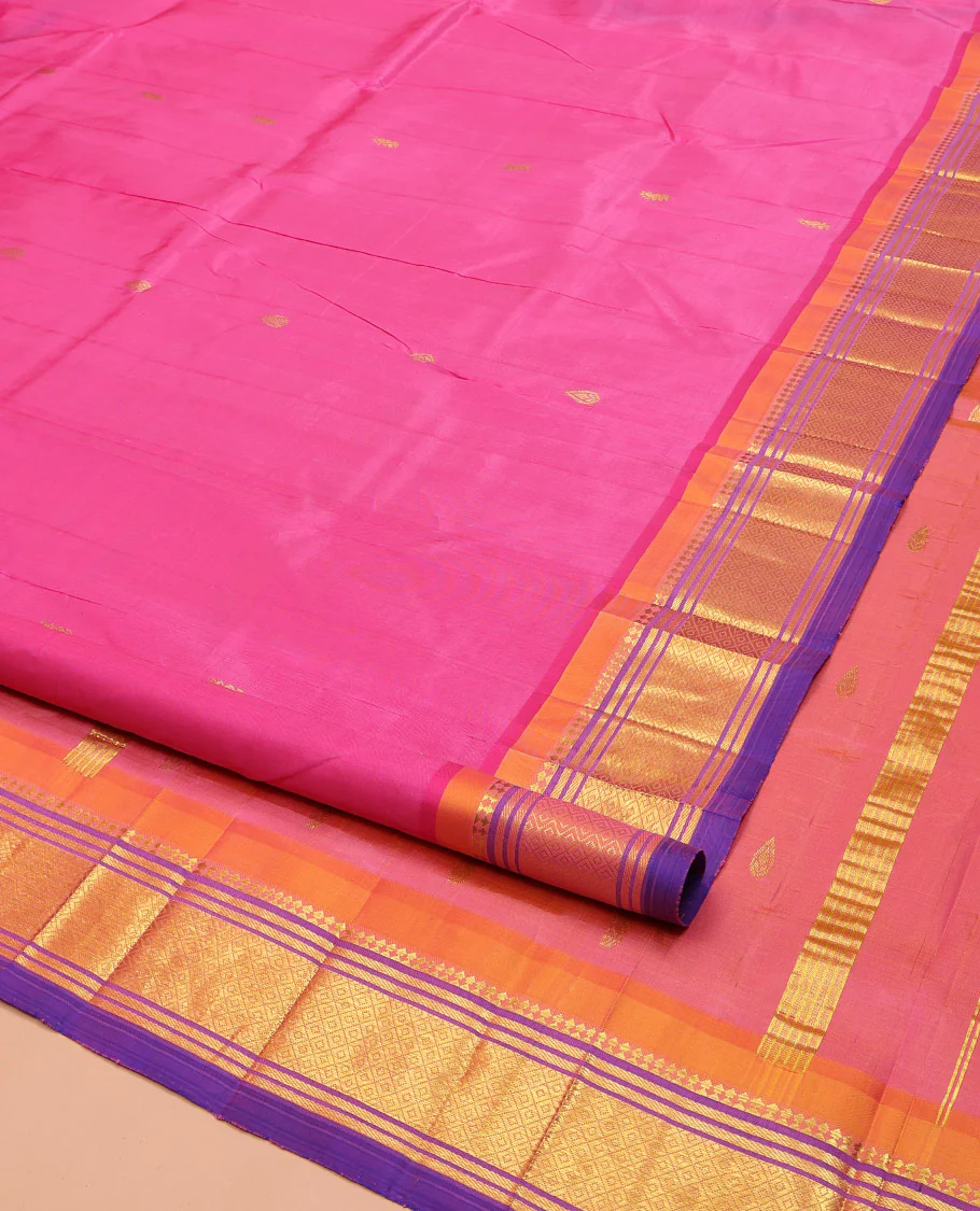 Pink Kanchipuram Silk Saree, Accentuated with Zari Buttas on Its Body, Complemented by a Contrast One-Sided Border of Panner Sombu, Banaras, and Mayil Kann Designs, Pallu of Zari Designs, and Comes Without a Blouse - Image 2