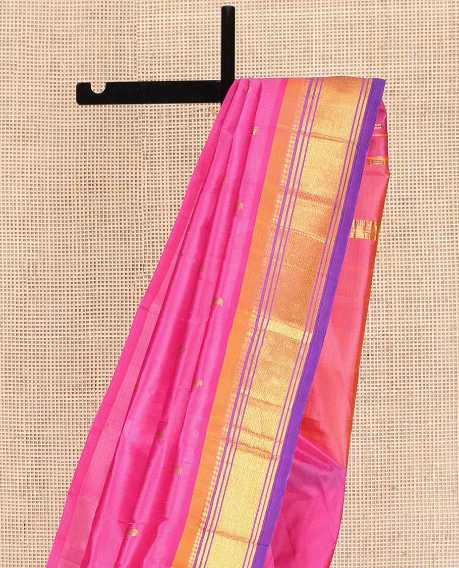 Pink Kanchipuram Silk Saree, Accentuated with Zari Buttas on Its Body, Complemented by a Contrast One-Sided Border of Panner Sombu, Banaras, and Mayil Kann Designs, Pallu of Zari Designs, and Comes Without a Blouse - Image 3