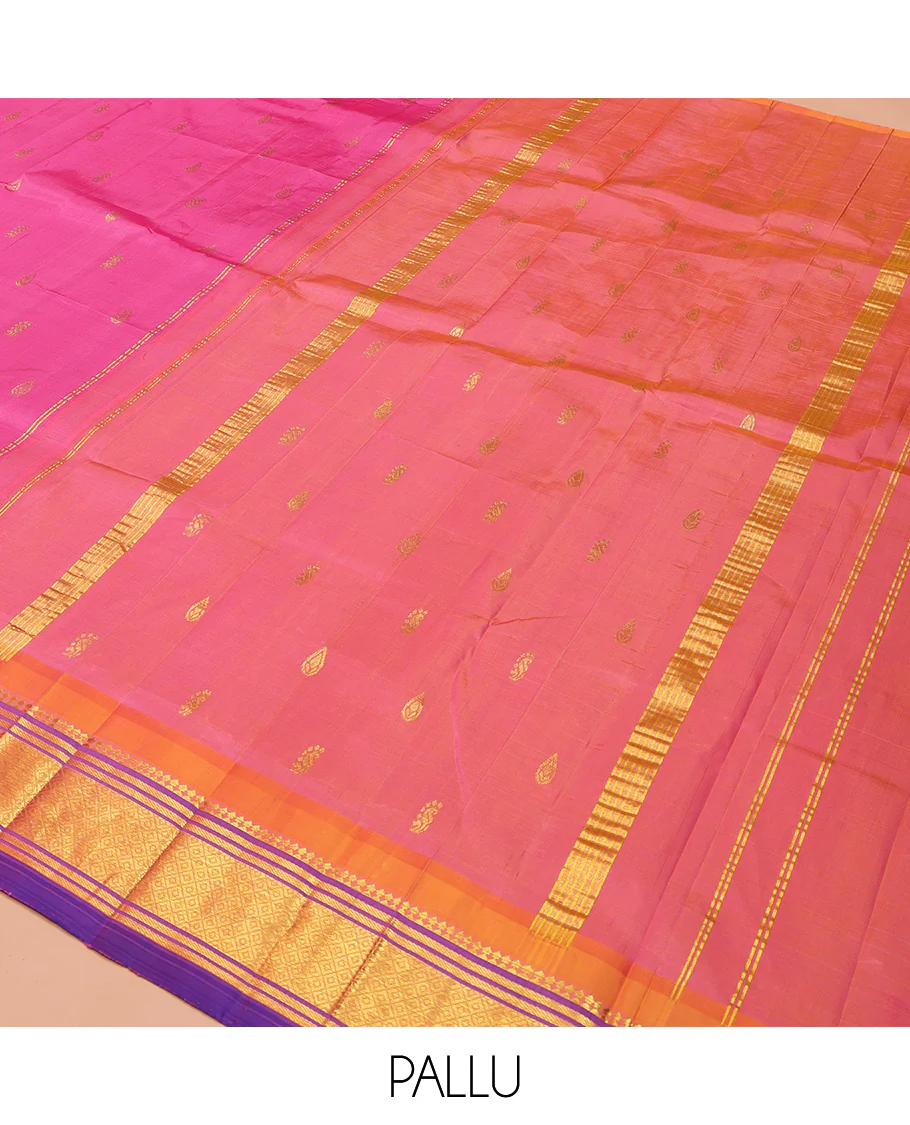 Pink Kanchipuram Silk Saree, Accentuated with Zari Buttas on Its Body, Complemented by a Contrast One-Sided Border of Panner Sombu, Banaras, and Mayil Kann Designs, Pallu of Zari Designs, and Comes Without a Blouse - Image 5