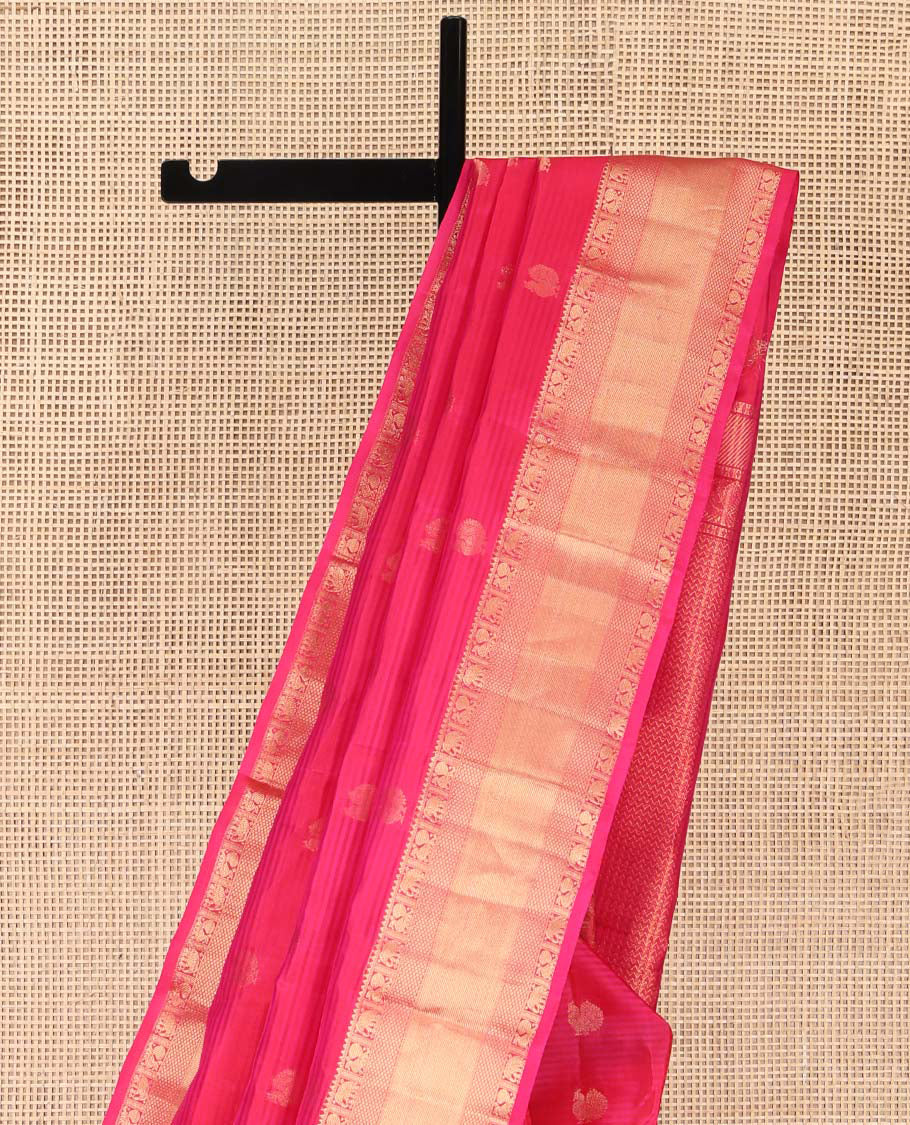 Pink Kanchipuram Silk Saree, Adorned with Mayil Buttas on Its Body, Highlighted by a Zari Border of Rekku, Mayil, Yaanai, and Mayil Kann Designs, Grand Pallu of Chevron Designs, and Paired with a Matching Blouse - Image 3