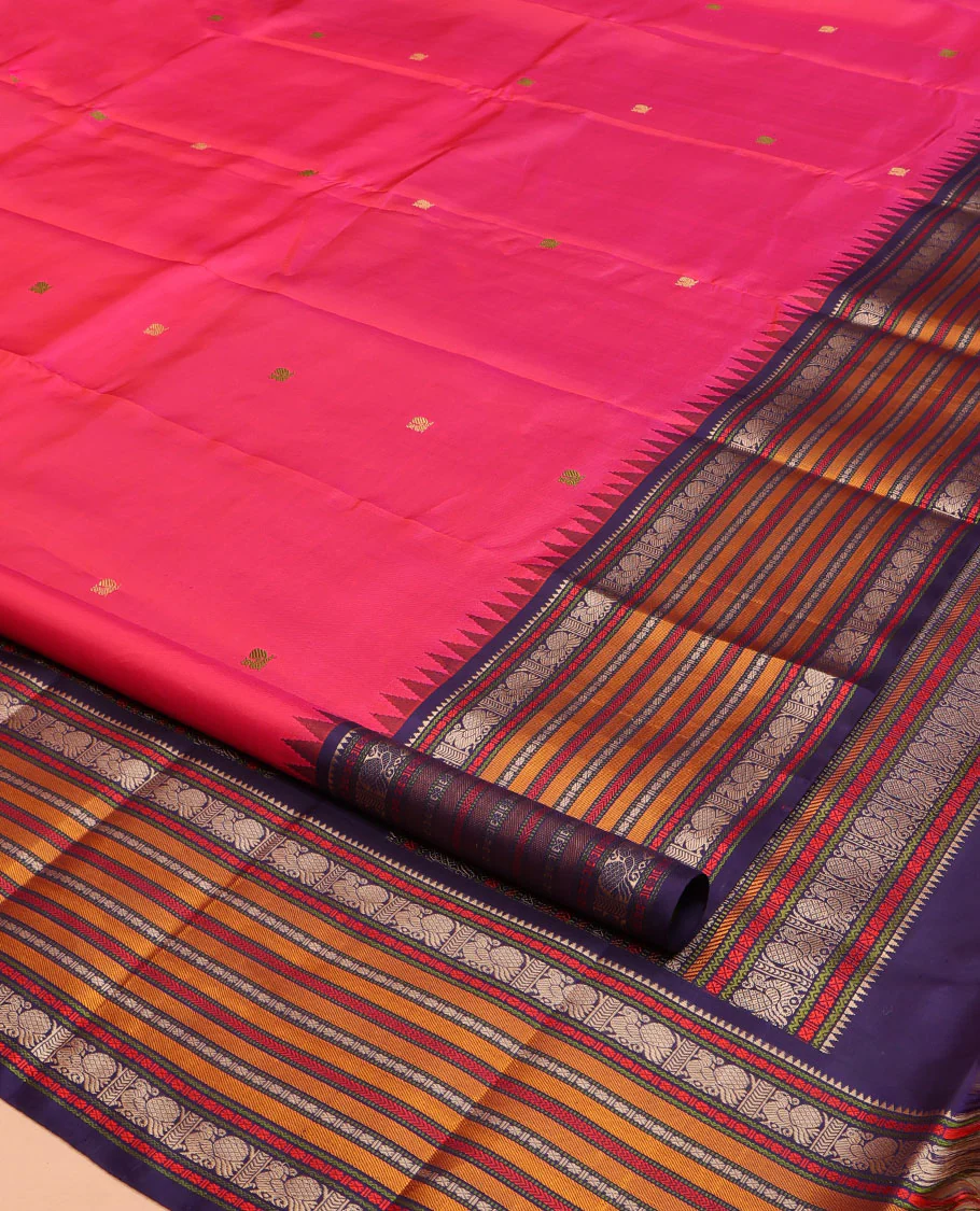 Pink Kanchipuram Silk Saree, Artfully Designed with Mayil Buttas on Its Body, Complemented by a Contrast Border of Rekku, Rudraksham, Mayil, and Kathir Designs, Pallu Steeped with Geometric Designs, and Paired with a Contrast Blouse - Image 2
