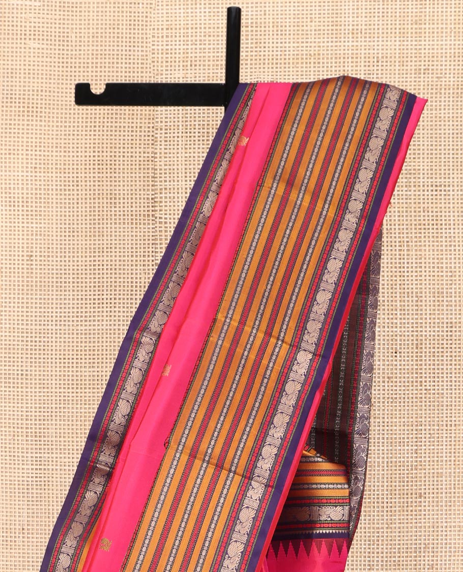 Pink Kanchipuram Silk Saree, Artfully Designed with Mayil Buttas on Its Body, Complemented by a Contrast Border of Rekku, Rudraksham, Mayil, and Kathir Designs, Pallu Steeped with Geometric Designs, and Paired with a Contrast Blouse - Image 3